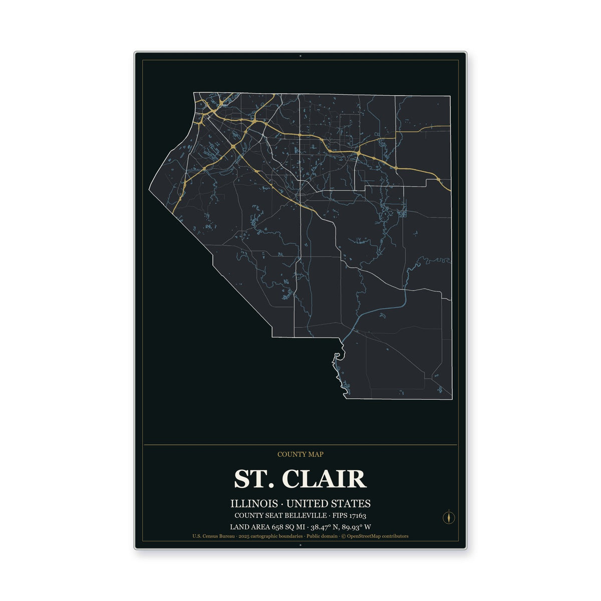 St. Clair County, Illinois Map Aluminum Sign in Metropolitan Noir style