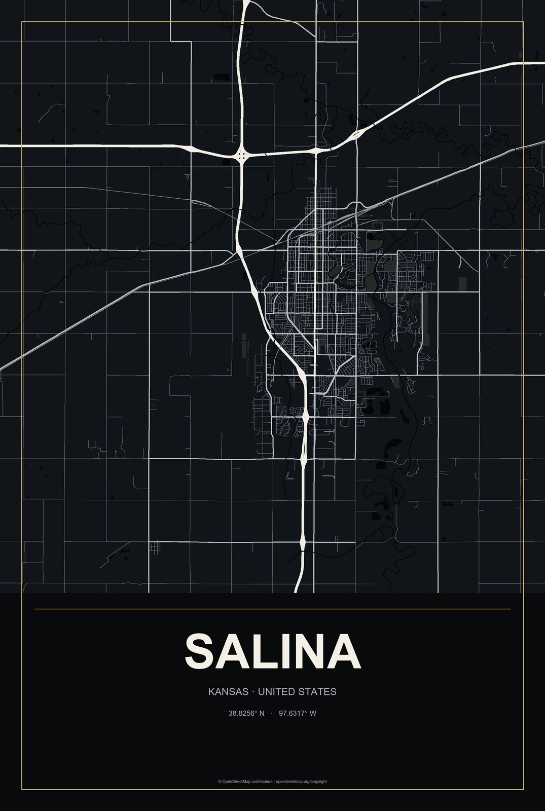 Salina, Kansas City Map Aluminum Sign in Metropolitan Noir style