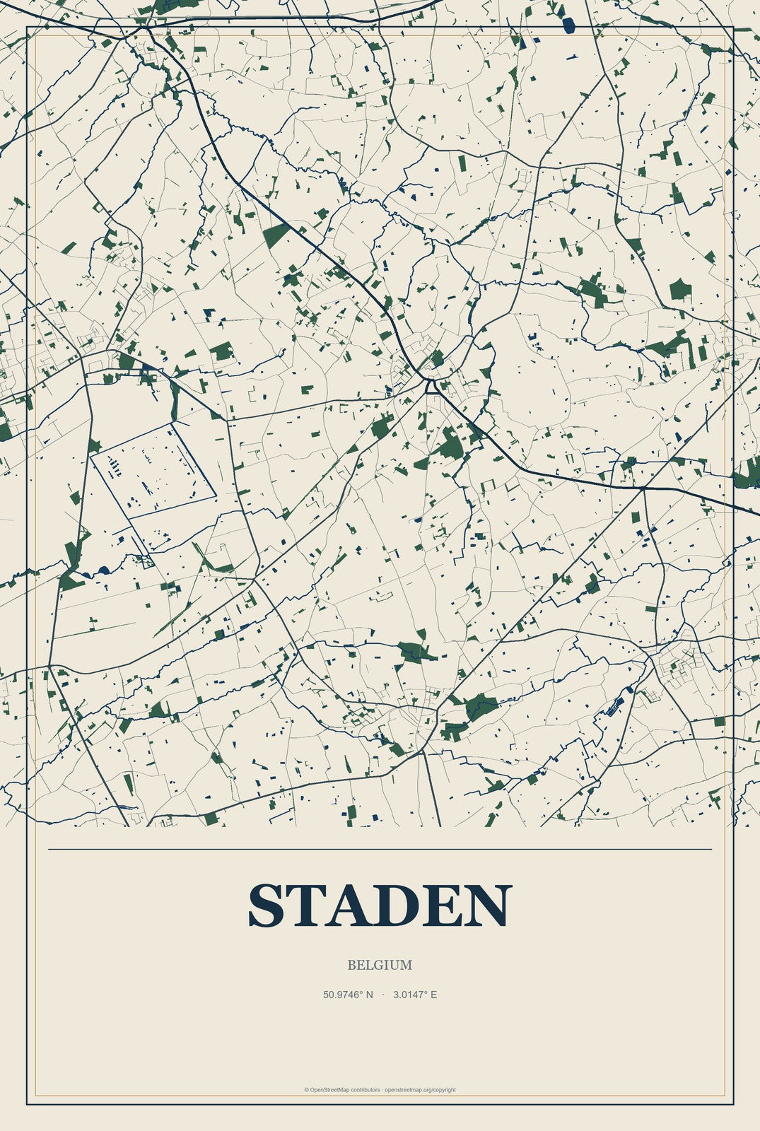 Staden, Belgium City Map Aluminum Sign in Coastal Cutout style