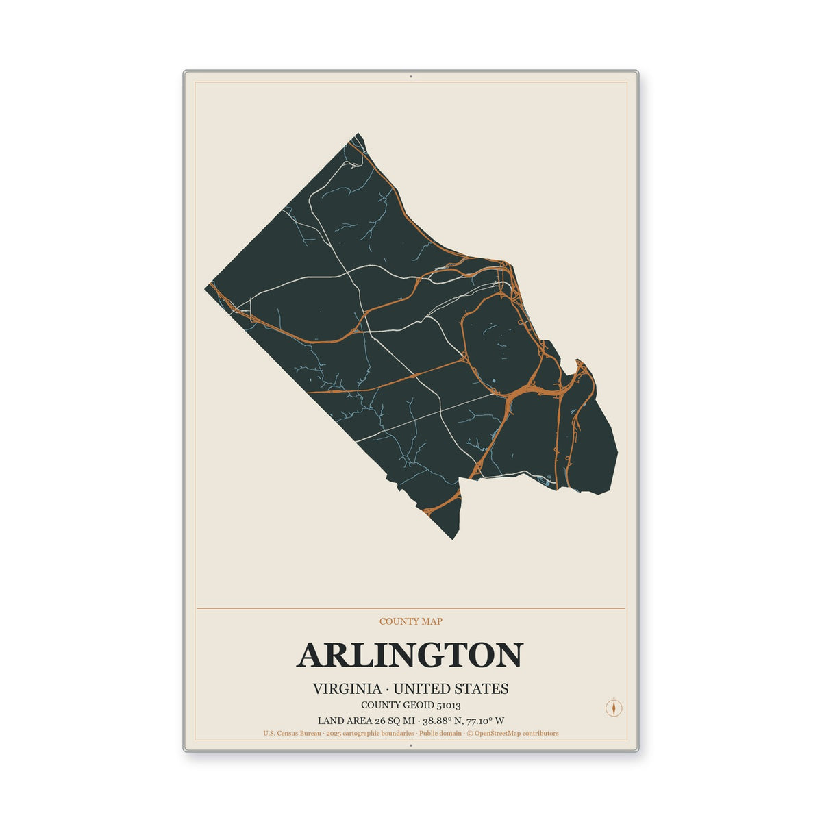 Arlington County, Virginia Map Aluminum Sign in Headline Atlas style