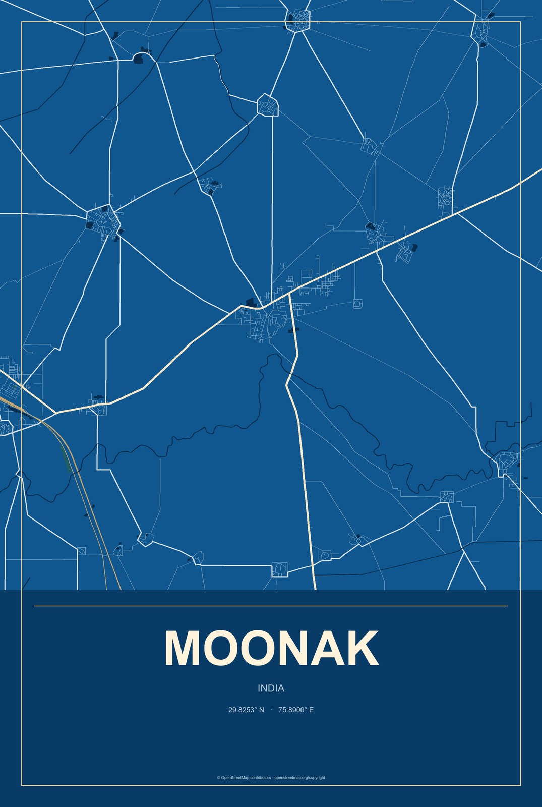 Moonak, India City Map Aluminum Sign in Harbor Cobalt style