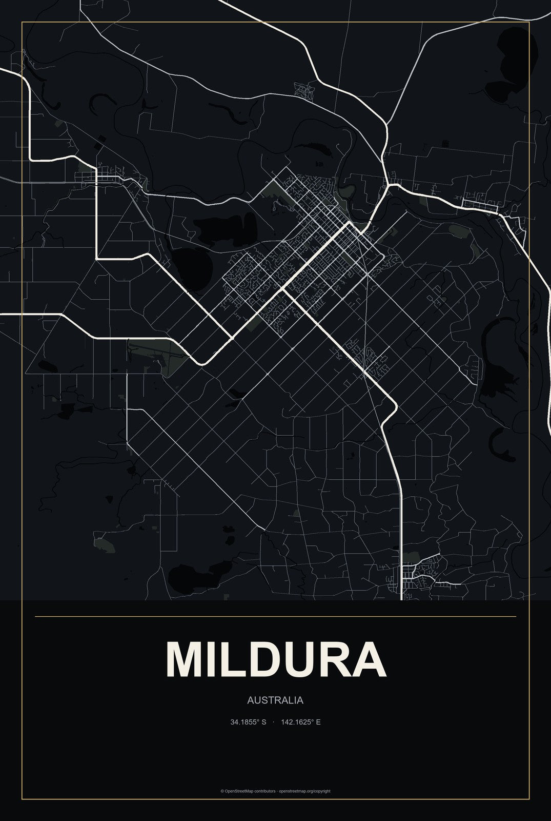 Mildura, Australia City Map Aluminum Sign in Metropolitan Noir style