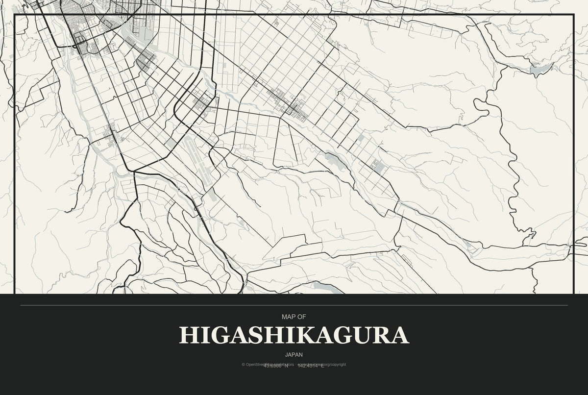 Higashikagura, Japan City Map Aluminum Sign in Museum Plaque style