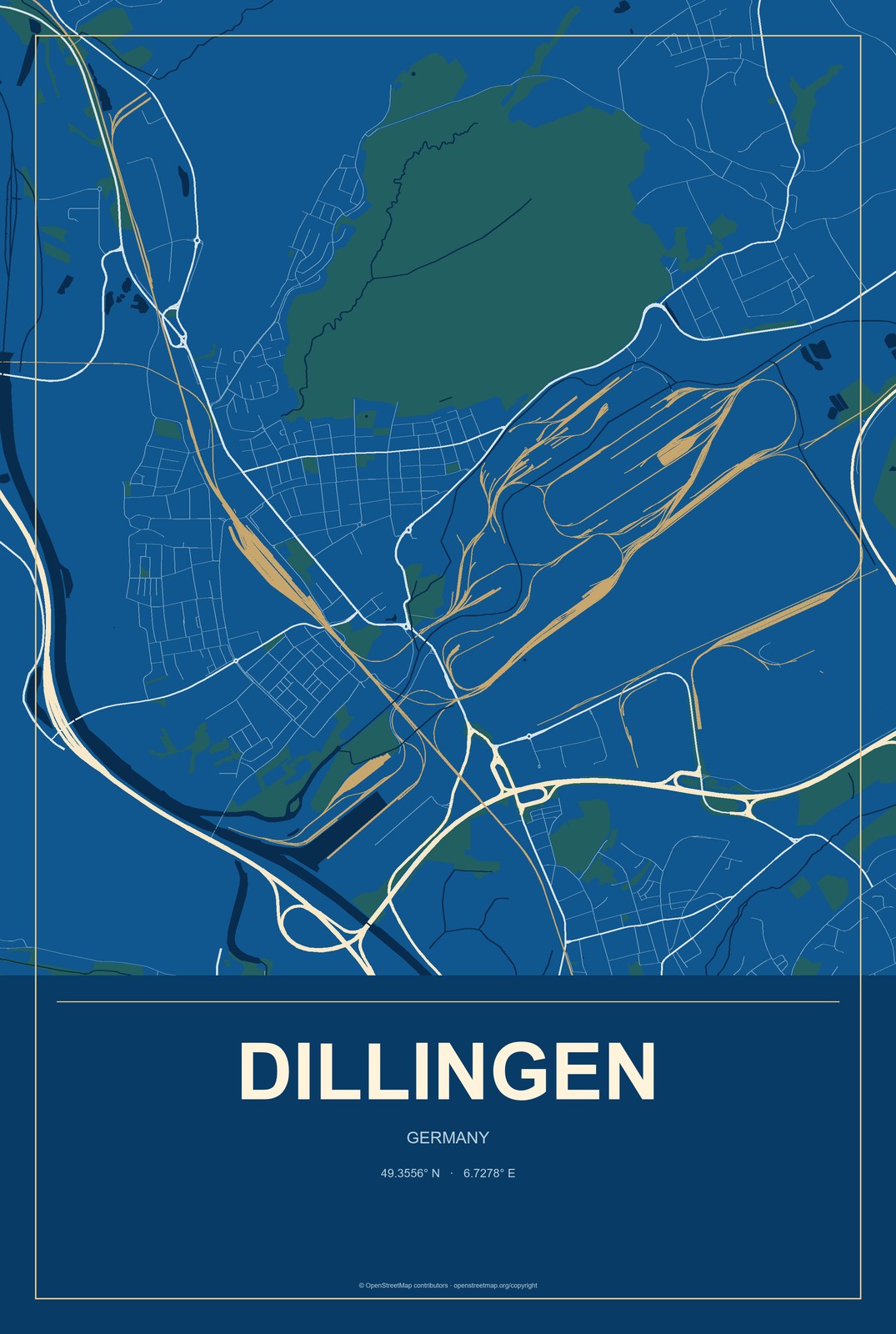 Dillingen, Germany City Map Aluminum Sign in Harbor Cobalt style