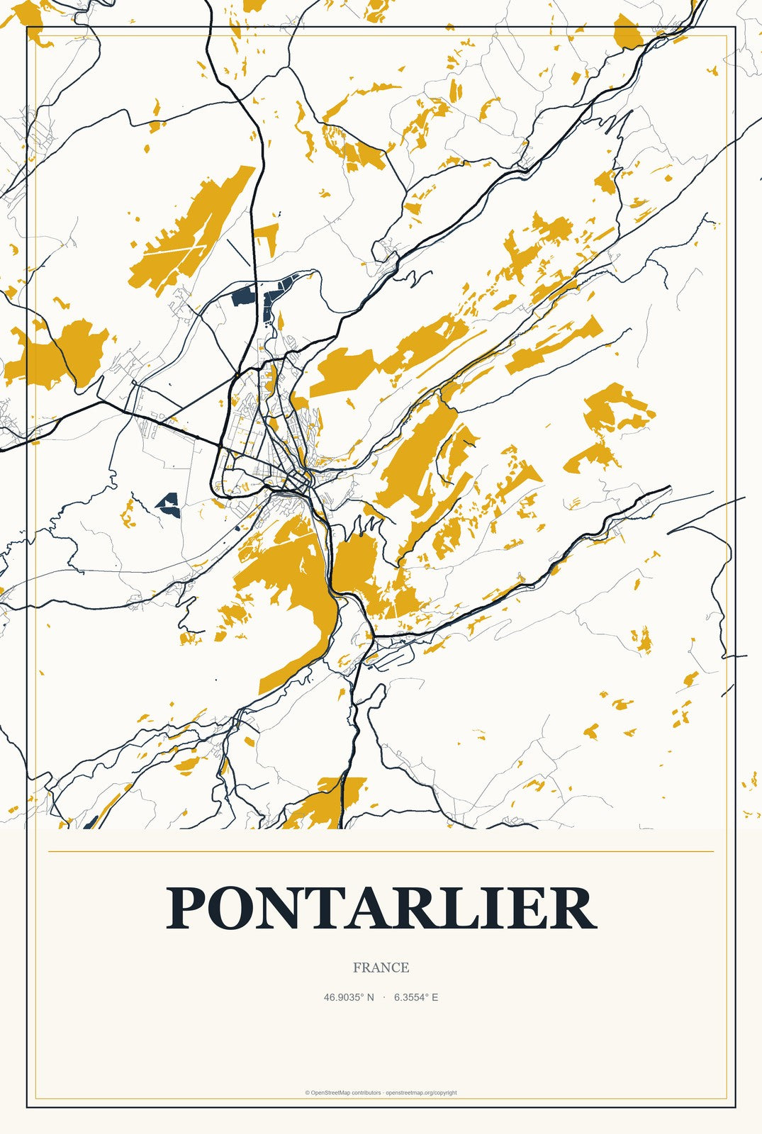 Pontarlier, France City Map Aluminum Sign in Citrine Modern style