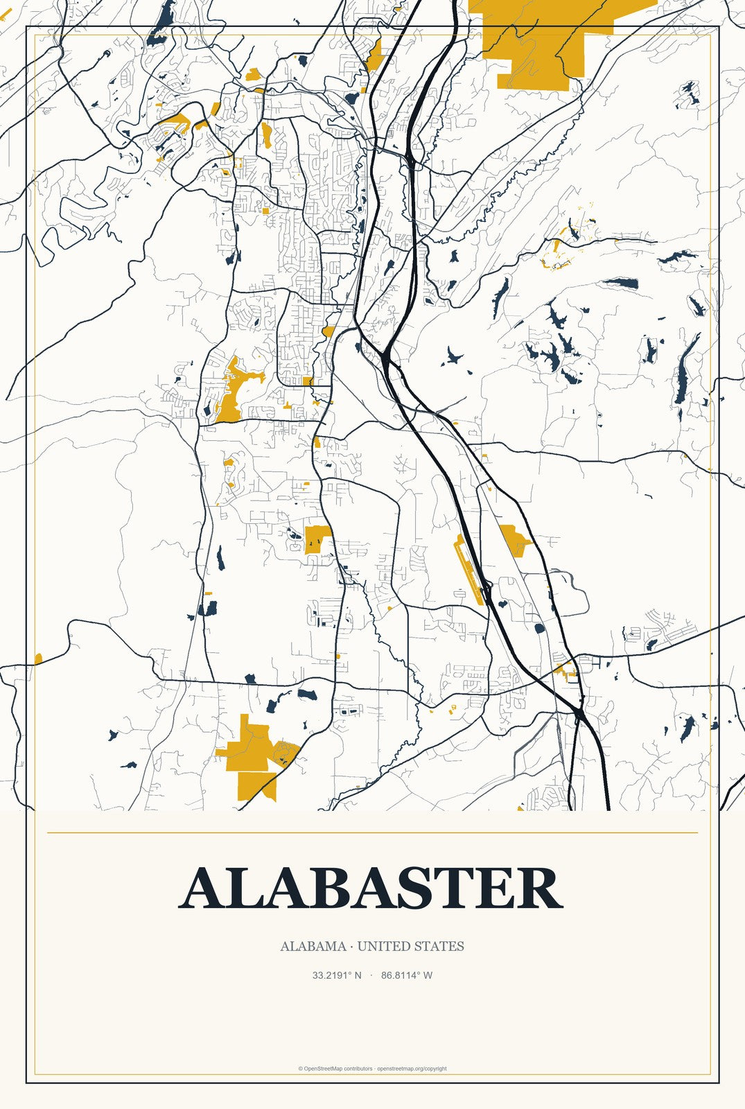 Alabaster, Alabama City Map Aluminum Sign in Citrine Modern style