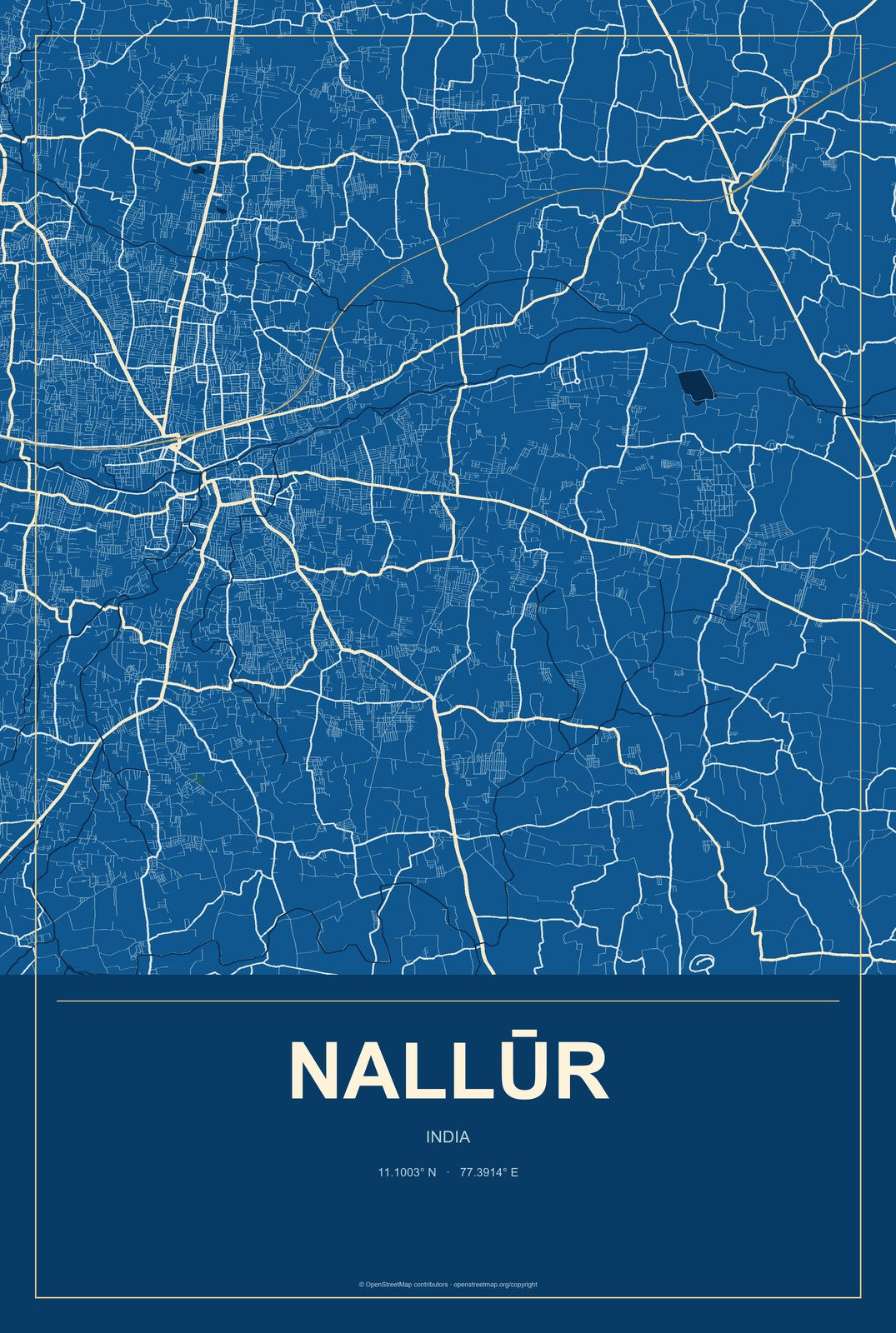 Nallūr, India City Map Aluminum Sign in Harbor Cobalt style