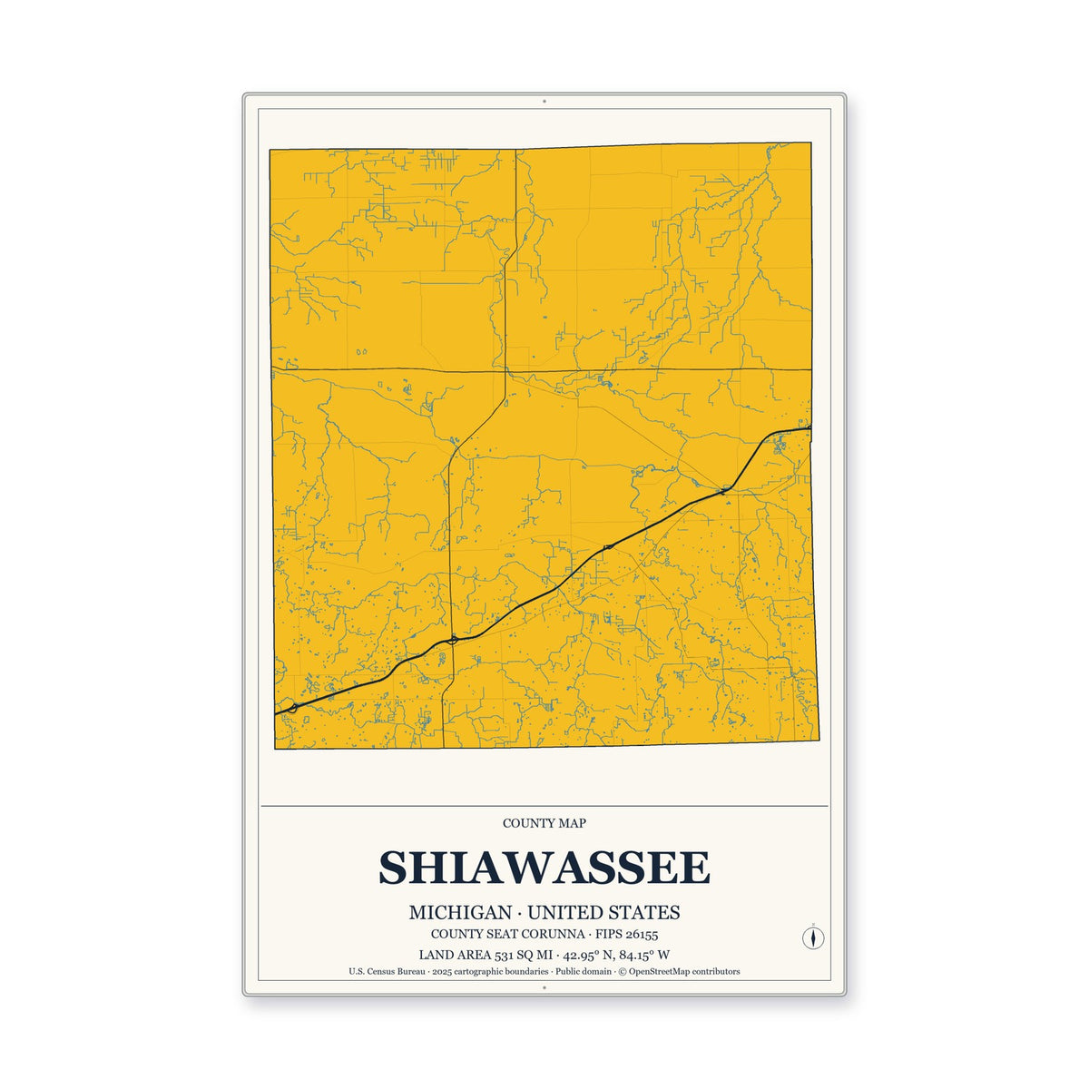 Shiawassee County, Michigan Map Aluminum Sign in Citrine Modern style