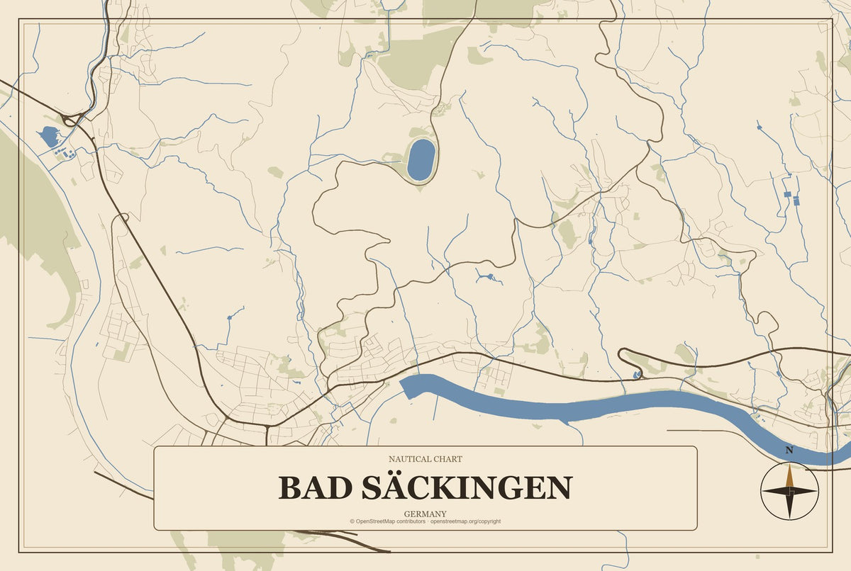 Bad Säckingen, Germany City Map Aluminum Sign in Heritage Nautical style