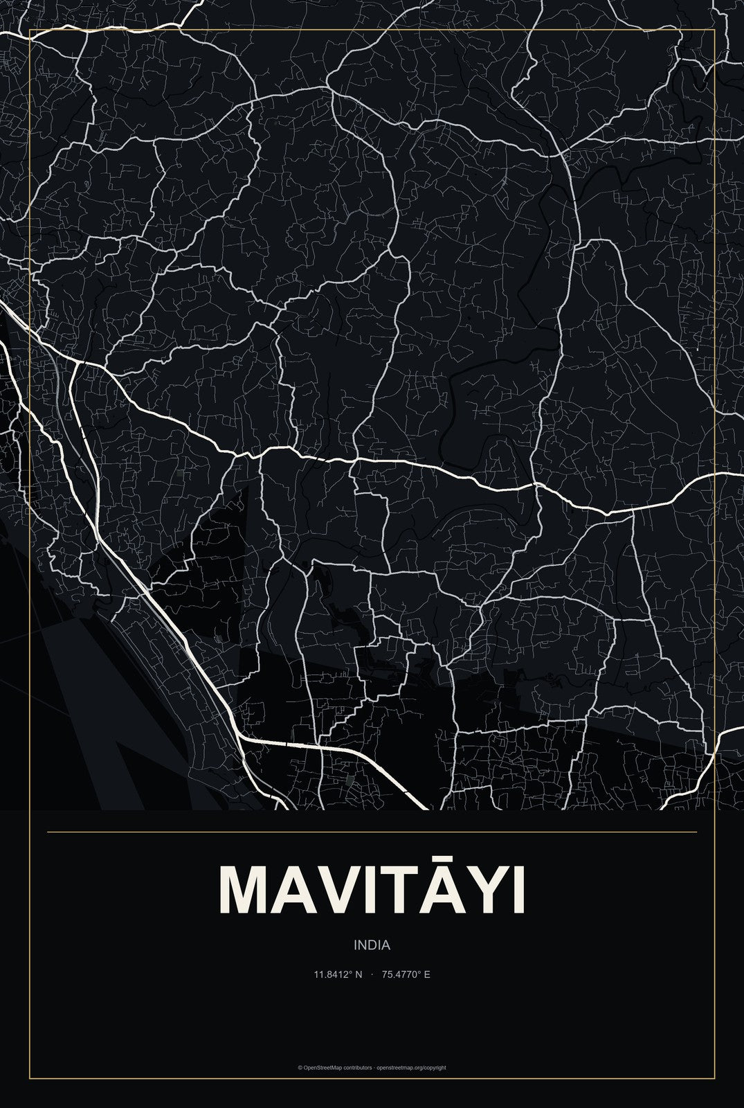 Mavitāyi, India City Map Aluminum Sign in Metropolitan Noir style