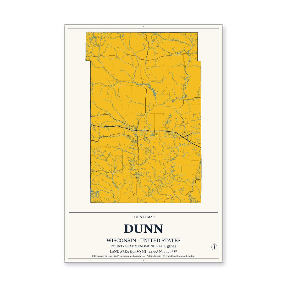 Dunn County, Wisconsin Map Aluminum Sign in Citrine Modern style