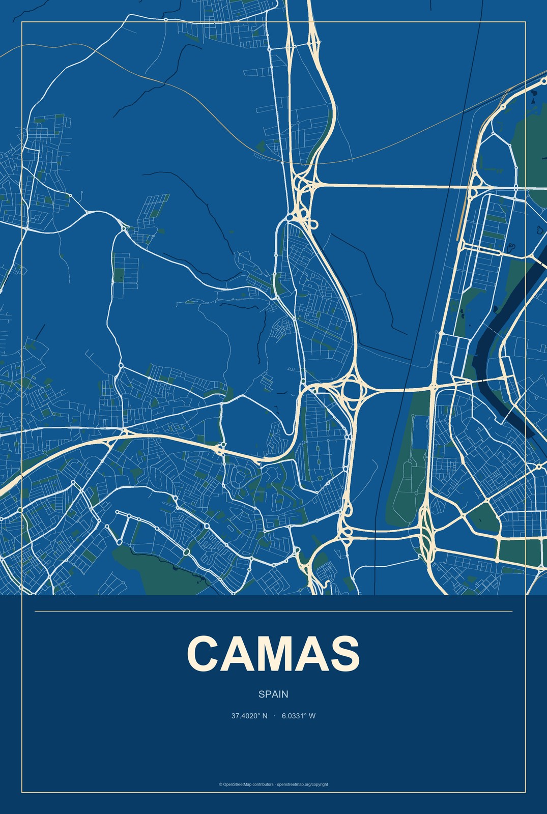 Camas, Spain City Map Aluminum Sign in Harbor Cobalt style