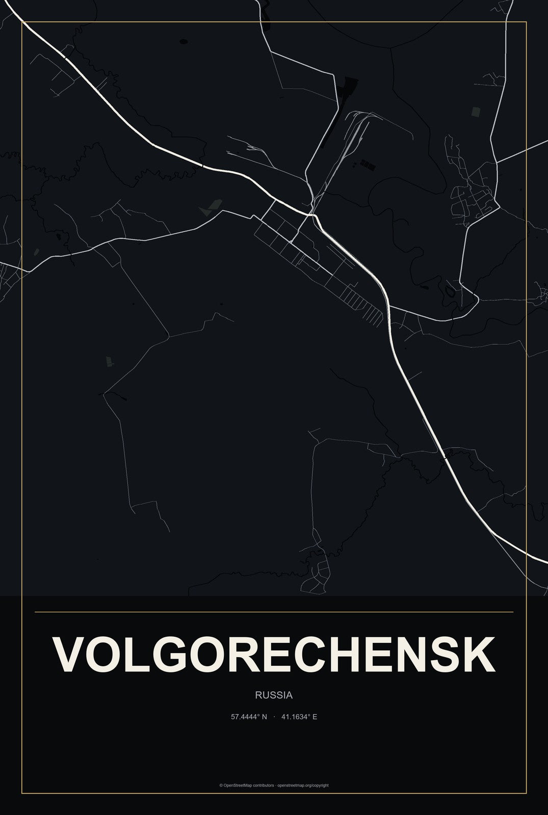 Volgorechensk, Russia City Map Aluminum Sign in Metropolitan Noir style