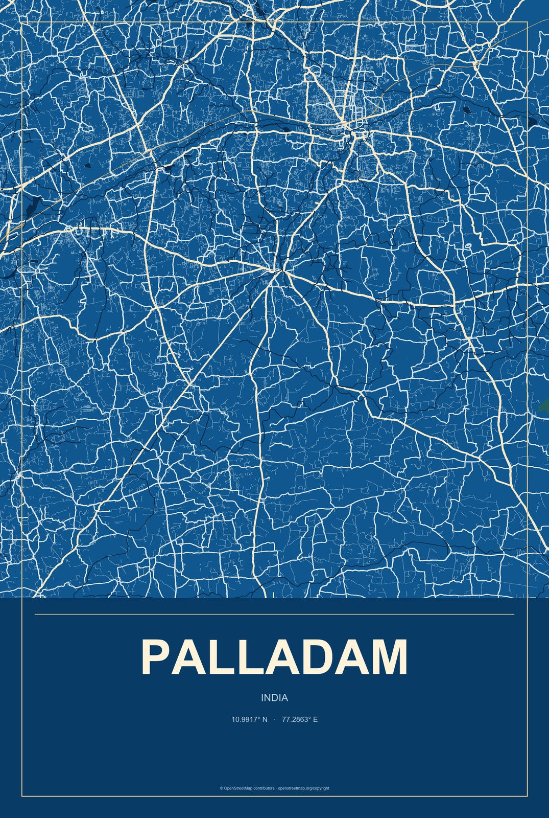 Palladam, India City Map Aluminum Sign in Harbor Cobalt style