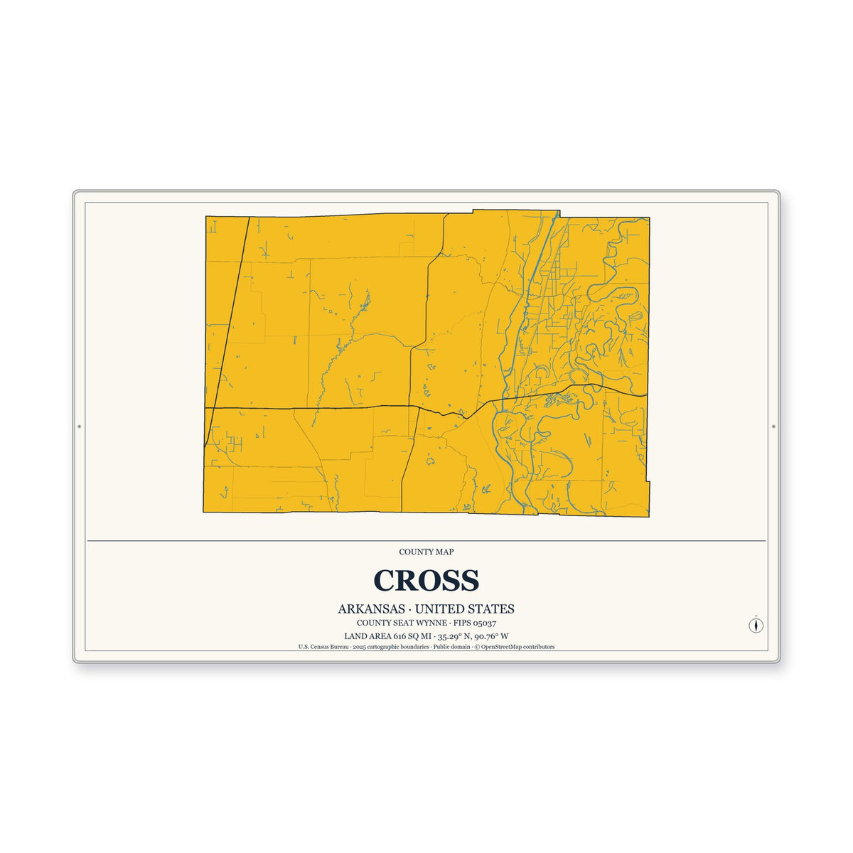 Cross County, Arkansas Map Aluminum Sign in Citrine Modern style