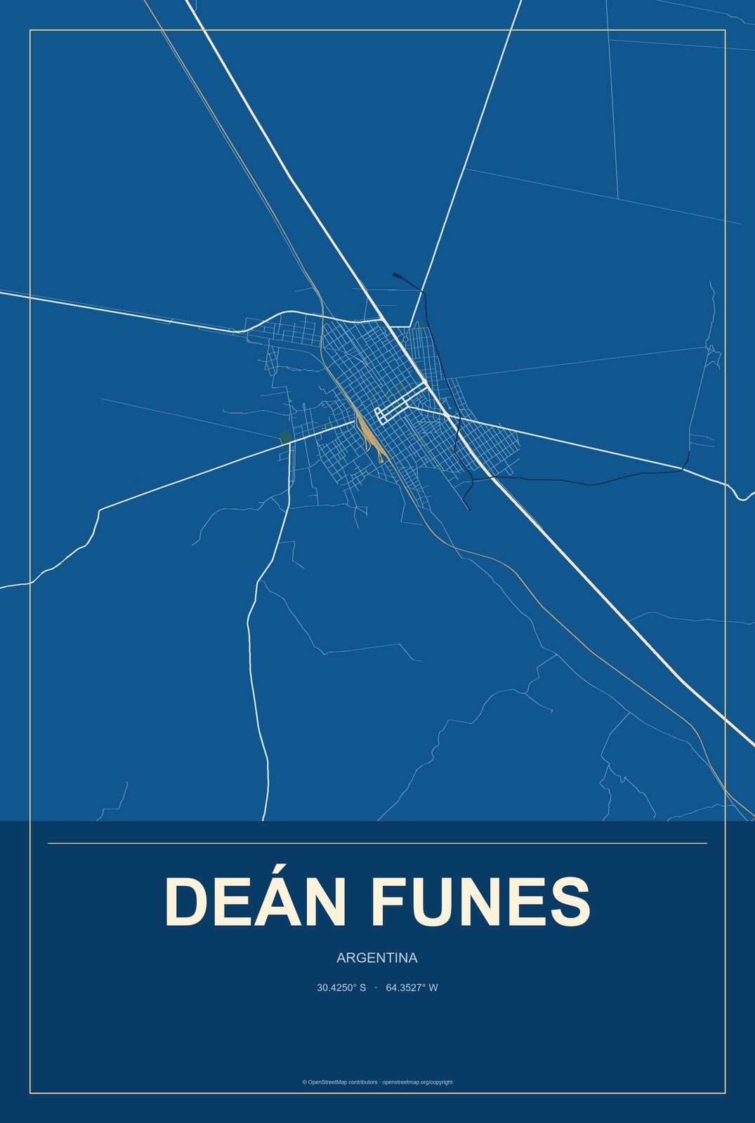 Deán Funes, Argentina City Map Aluminum Sign in Harbor Cobalt style