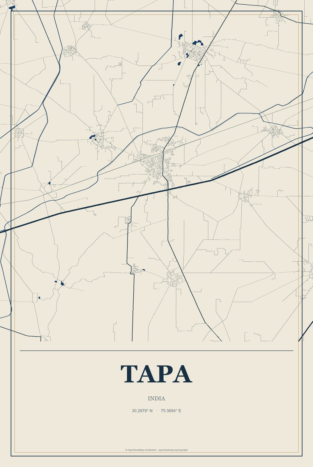 Tapa, India City Map Aluminum Sign in Coastal Cutout style