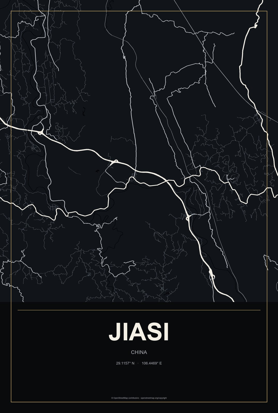 Jiasi, China City Map Aluminum Sign in Metropolitan Noir style