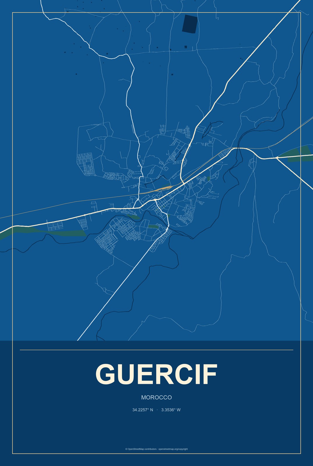 Guercif, Morocco City Map Aluminum Sign in Harbor Cobalt style