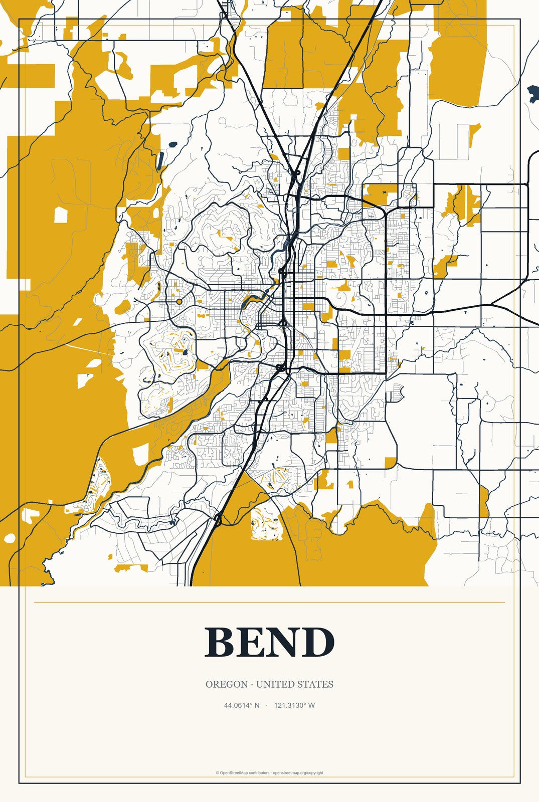 Bend, Oregon City Map Aluminum Sign in Citrine Modern style