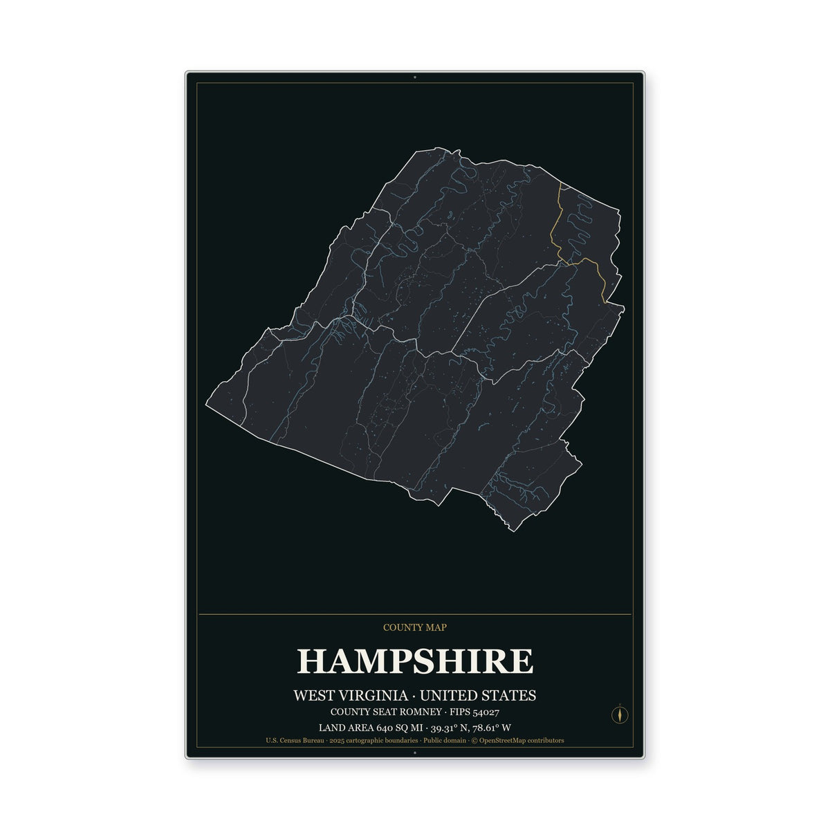 Hampshire County, West Virginia Map Aluminum Sign in Metropolitan Noir style