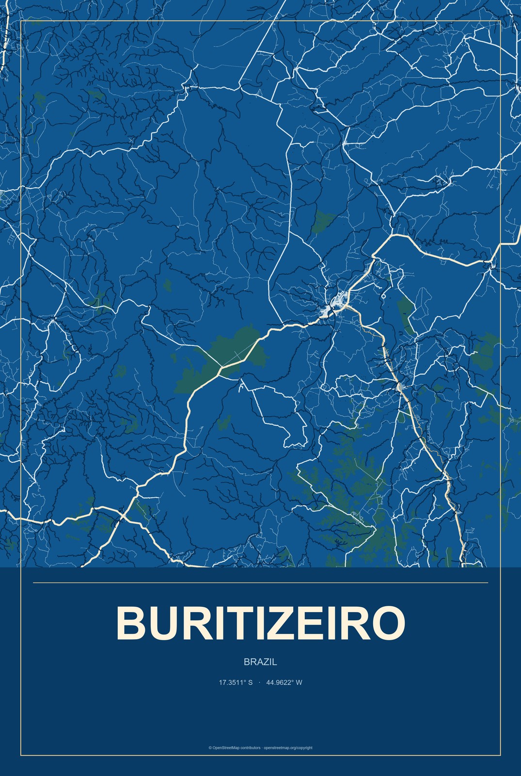 Buritizeiro, Brazil City Map Aluminum Sign in Harbor Cobalt style