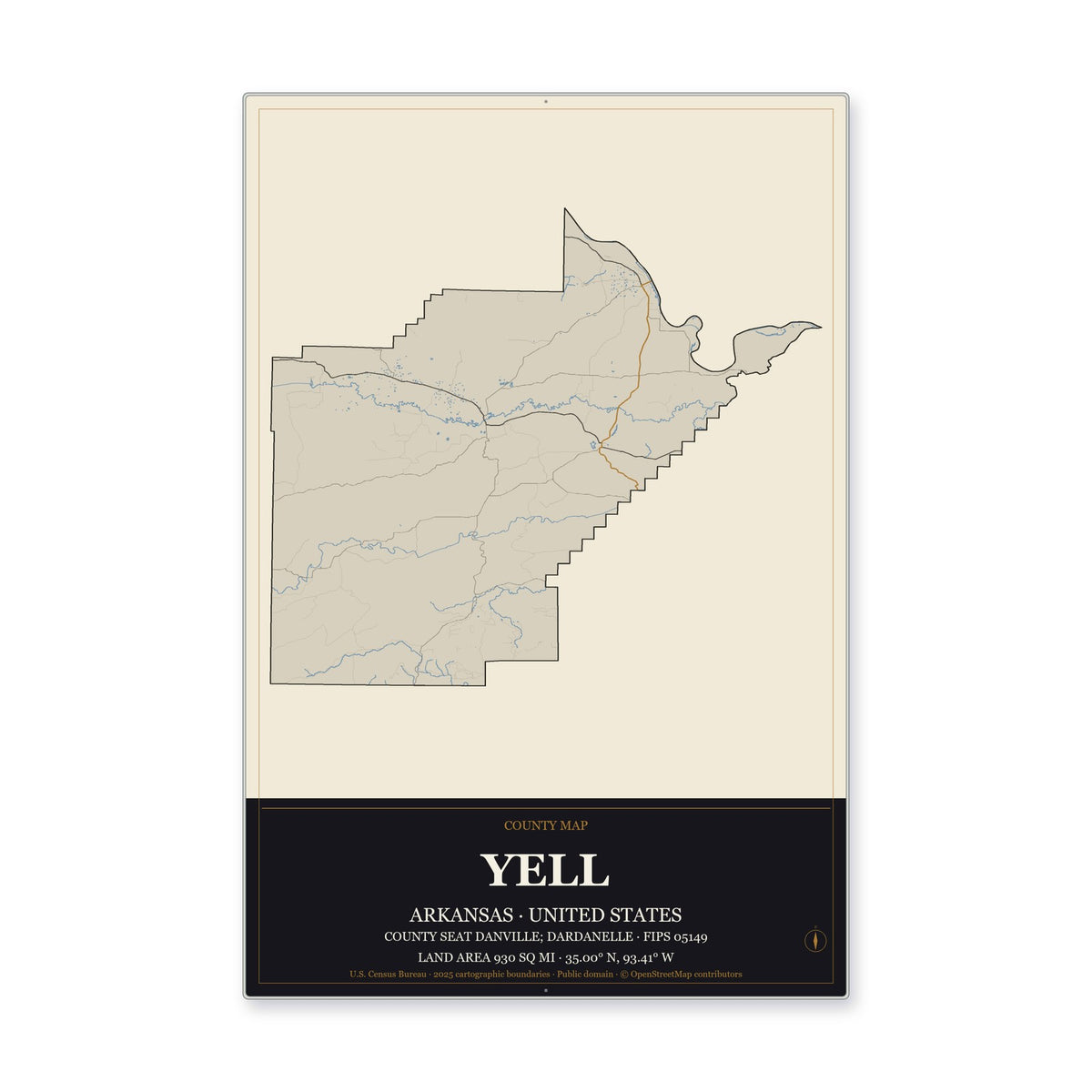 Yell County, Arkansas Map Aluminum Sign in Museum Plaque style