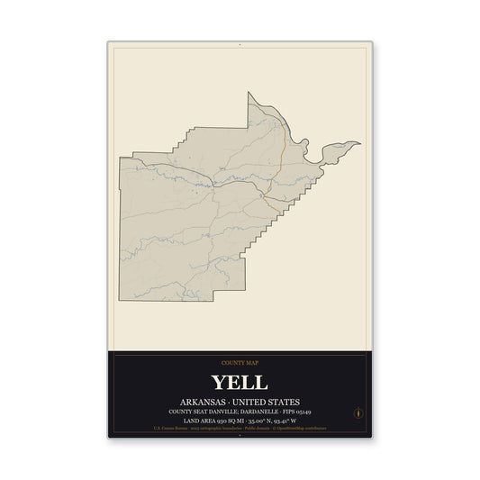 Yell County, Arkansas Map Aluminum Sign in Museum Plaque style