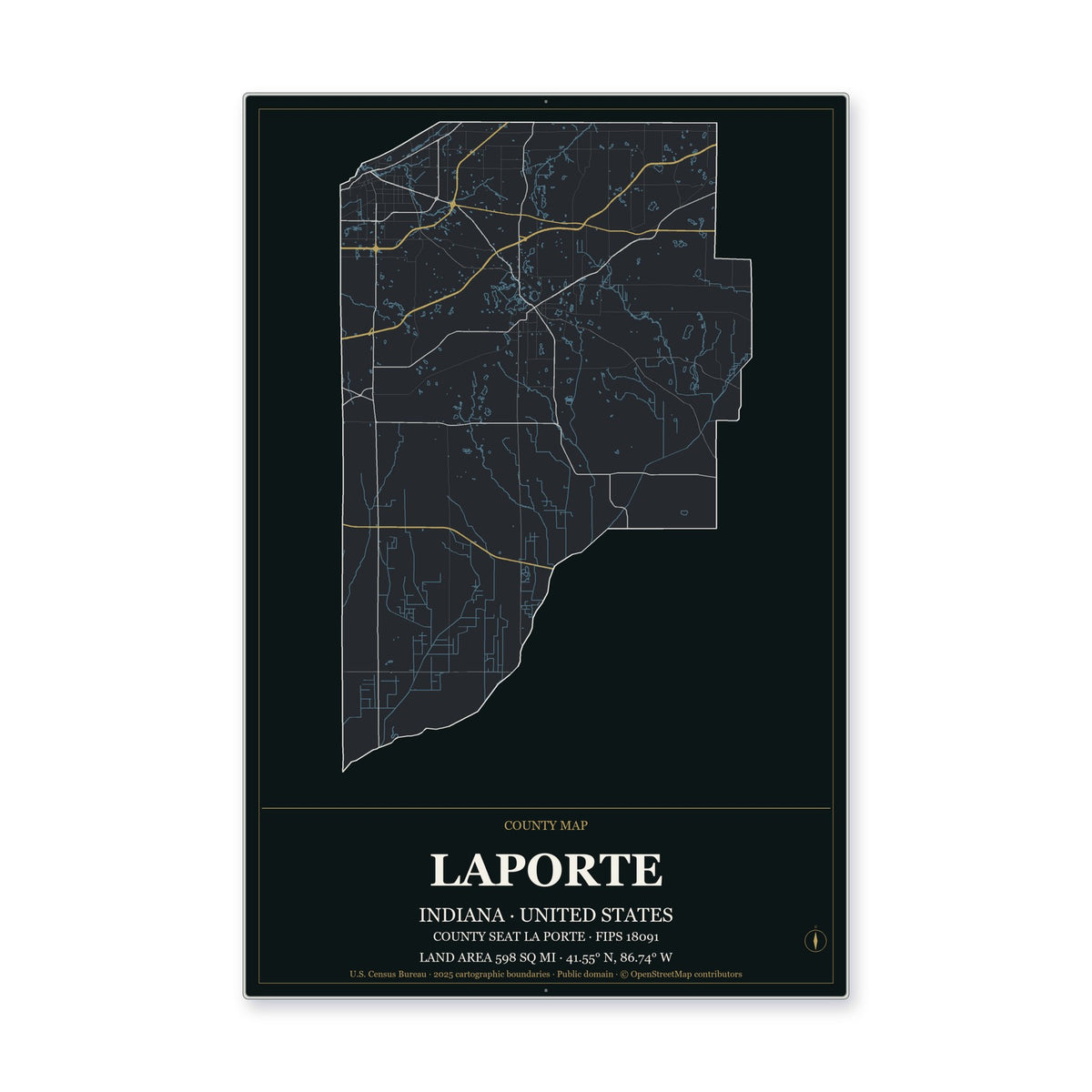 LaPorte County, Indiana Map Aluminum Sign in Metropolitan Noir style