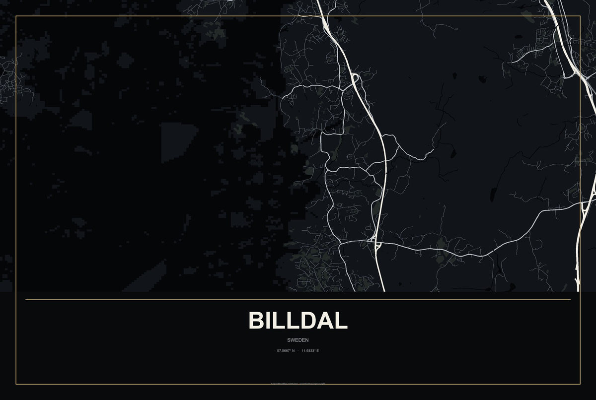 Billdal, Sweden City Map Aluminum Sign in Metropolitan Noir style