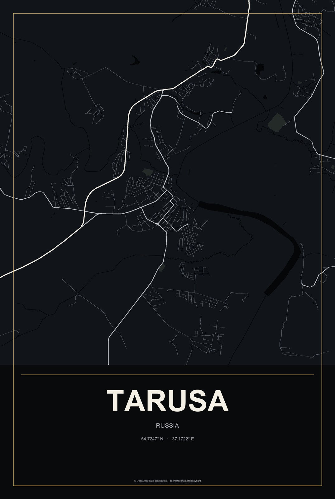 Tarusa, Russia City Map Aluminum Sign in Metropolitan Noir style