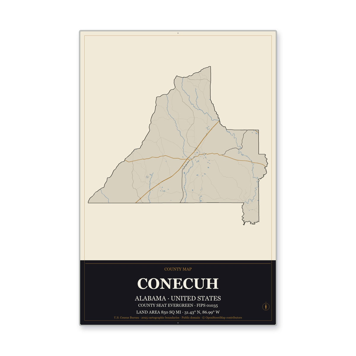 Conecuh County, Alabama Map Aluminum Sign in Museum Plaque style