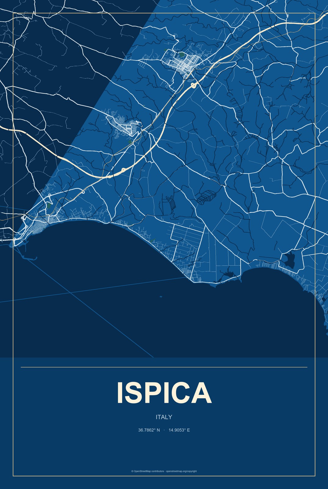 Ispica, Italy City Map Aluminum Sign in Harbor Cobalt style