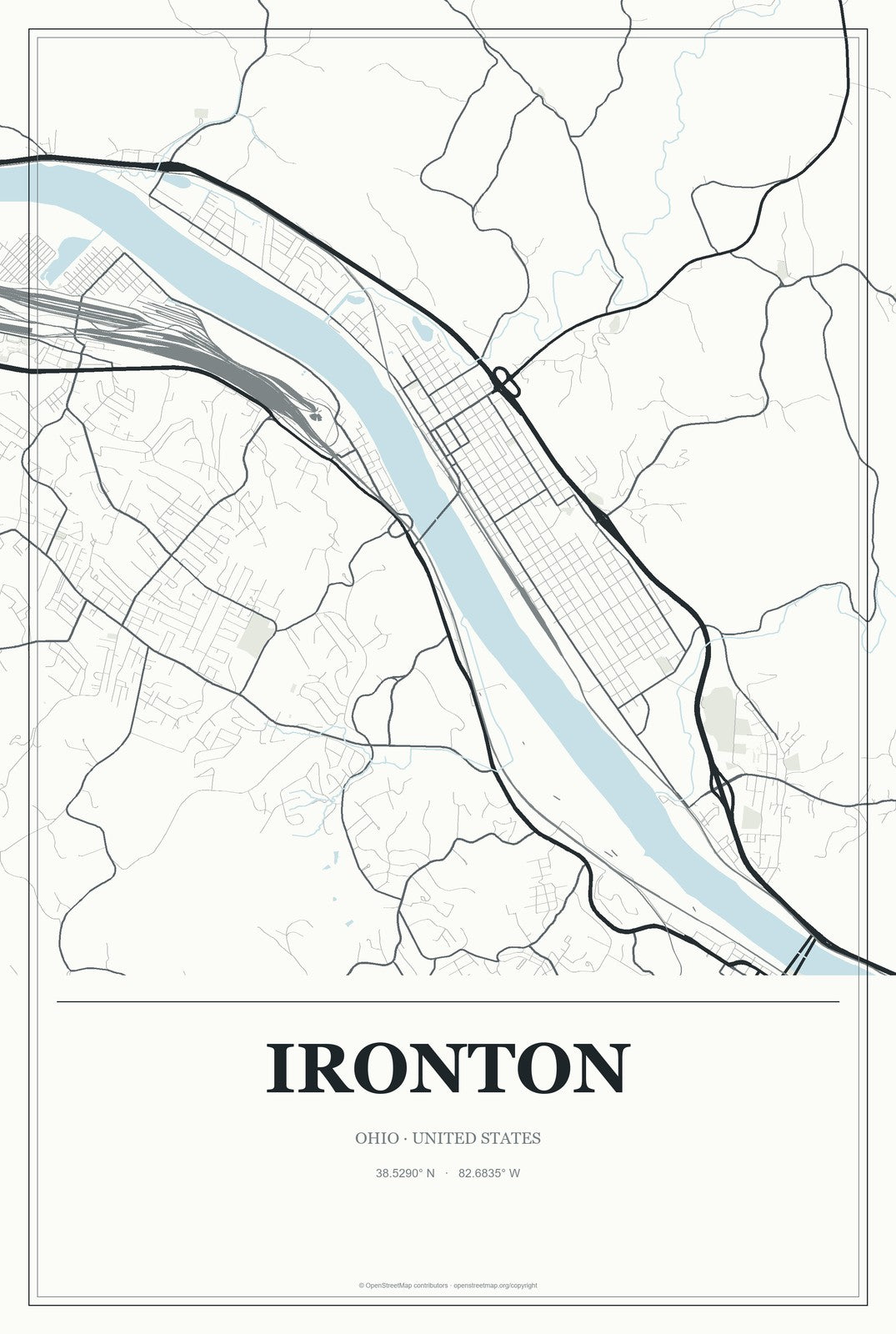 Ironton, Ohio City Map Aluminum Sign in Gallery Air style
