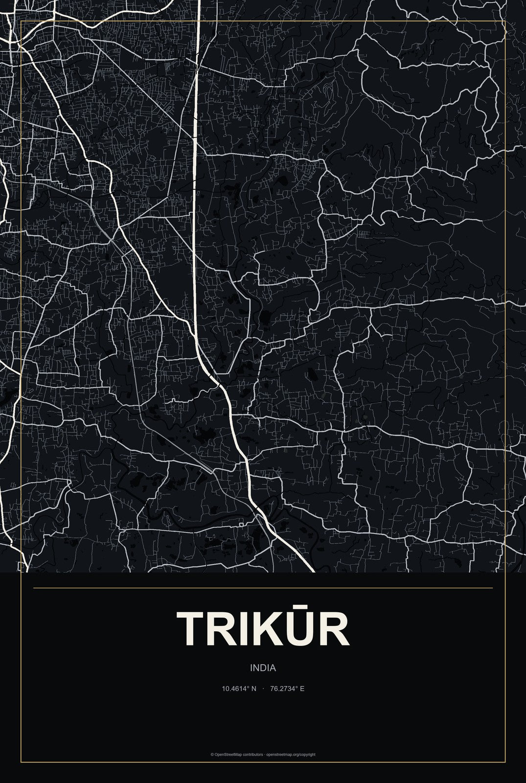 Trikūr, India City Map Aluminum Sign in Metropolitan Noir style