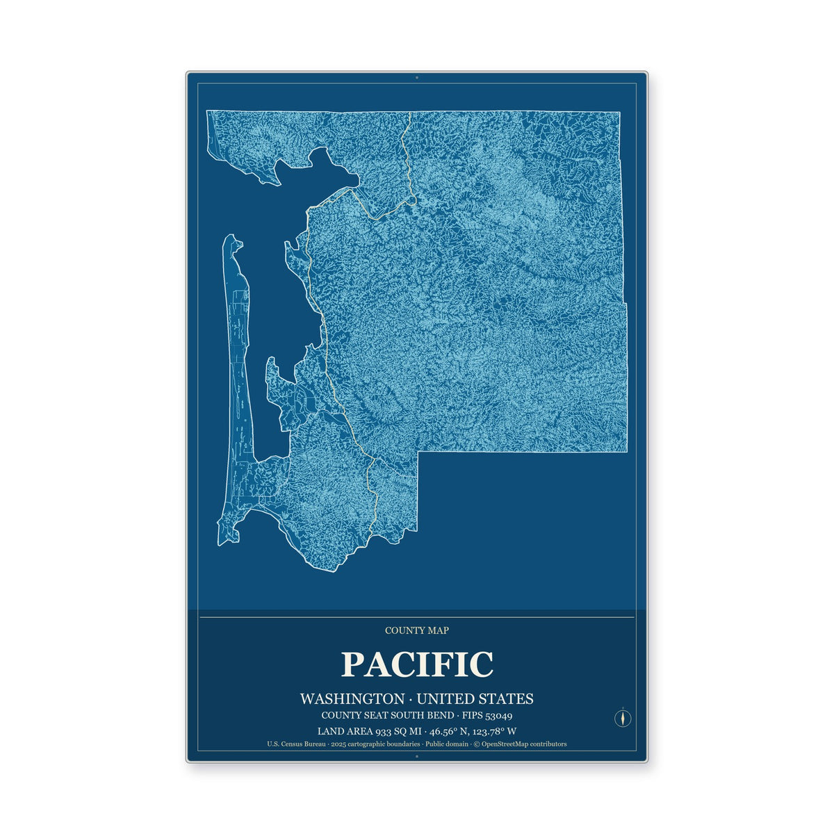 Pacific County, Washington Map Aluminum Sign in Harbor Cobalt style