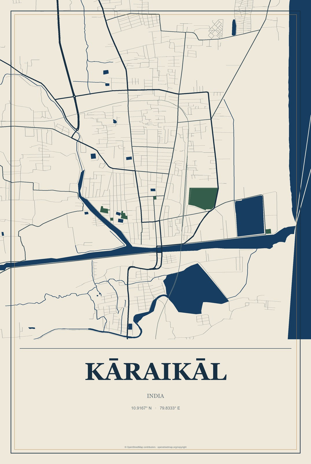 Kāraikāl, India City Map Aluminum Sign in Coastal Cutout style