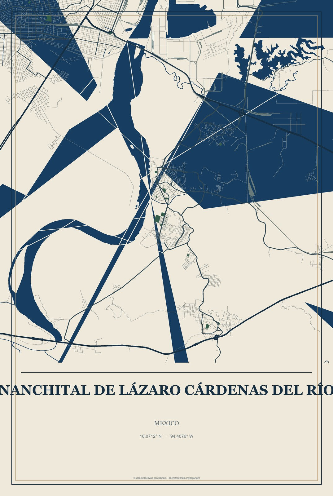 Nanchital de Lázaro Cárdenas del Río, Mexico City Map Aluminum Sign in Coastal Cutout style