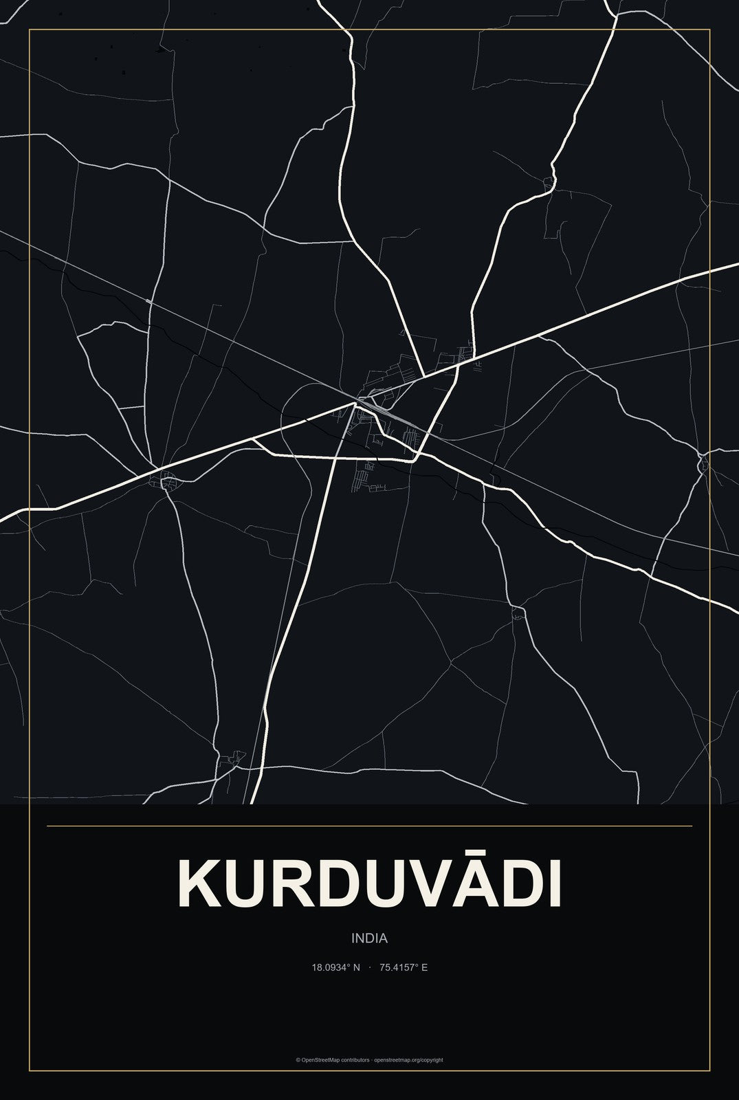 Kurduvādi, India City Map Aluminum Sign in Metropolitan Noir style