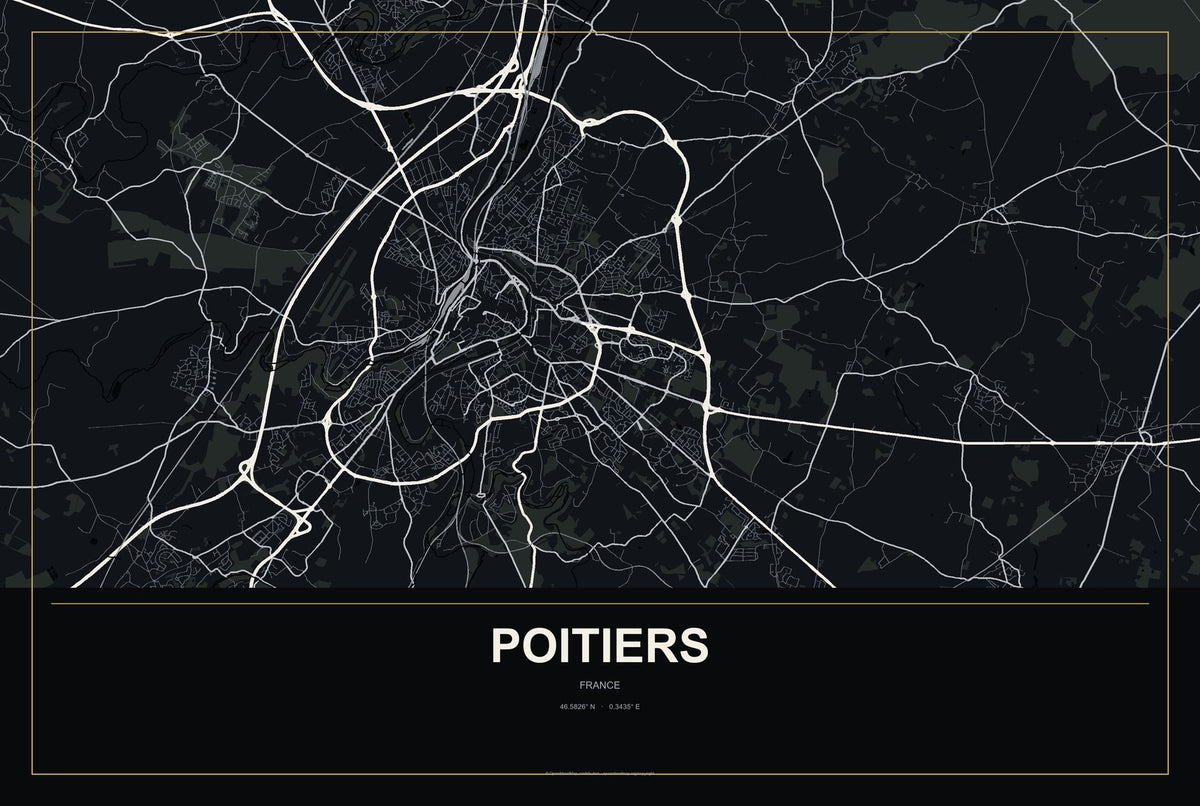 Poitiers, France City Map Aluminum Sign in Metropolitan Noir style