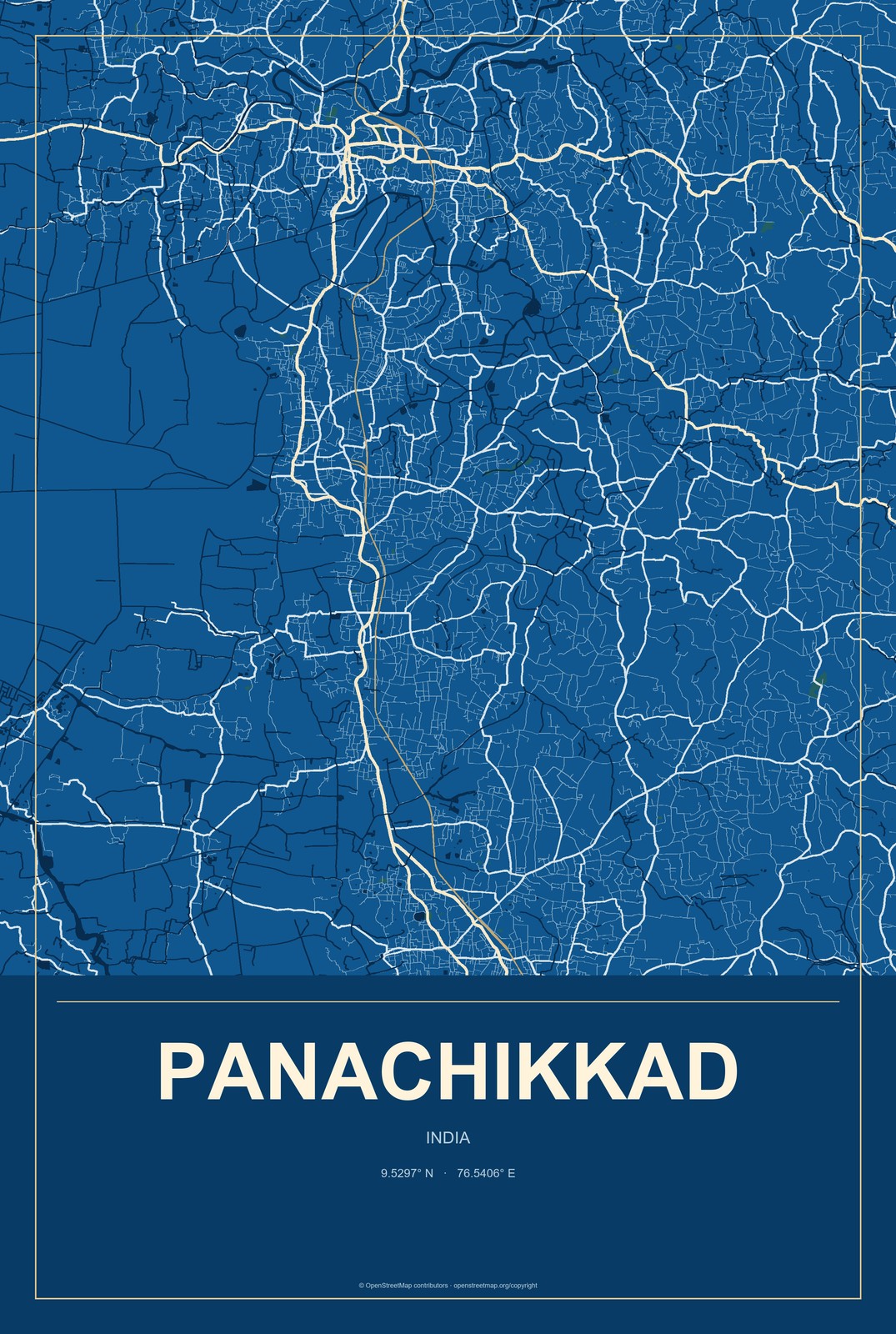 Panachikkad, India City Map Aluminum Sign in Harbor Cobalt style