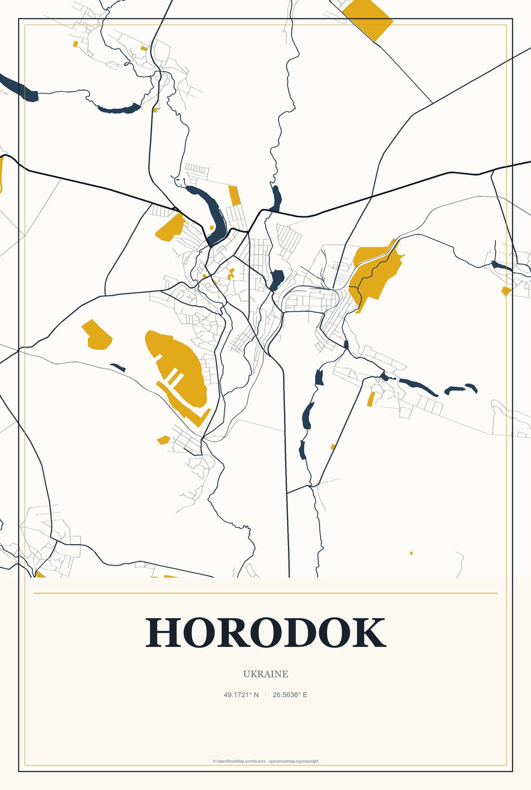 Horodok, Lviv, Ukraine City Map Aluminum Sign in Citrine Modern style