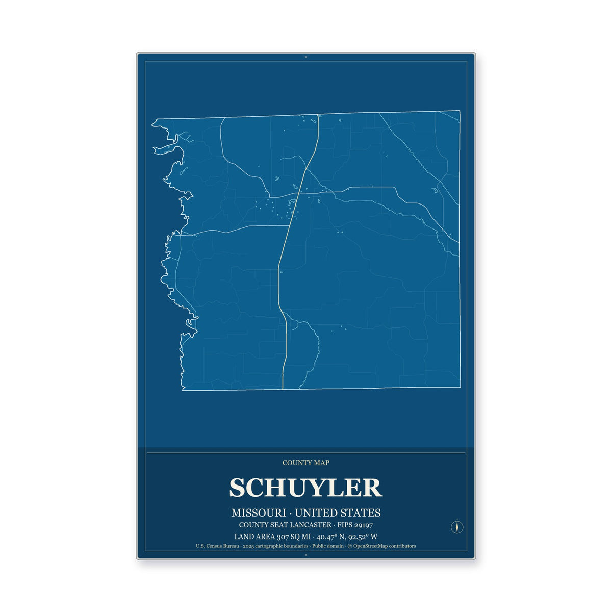 Schuyler County, Missouri Map Aluminum Sign in Harbor Cobalt style