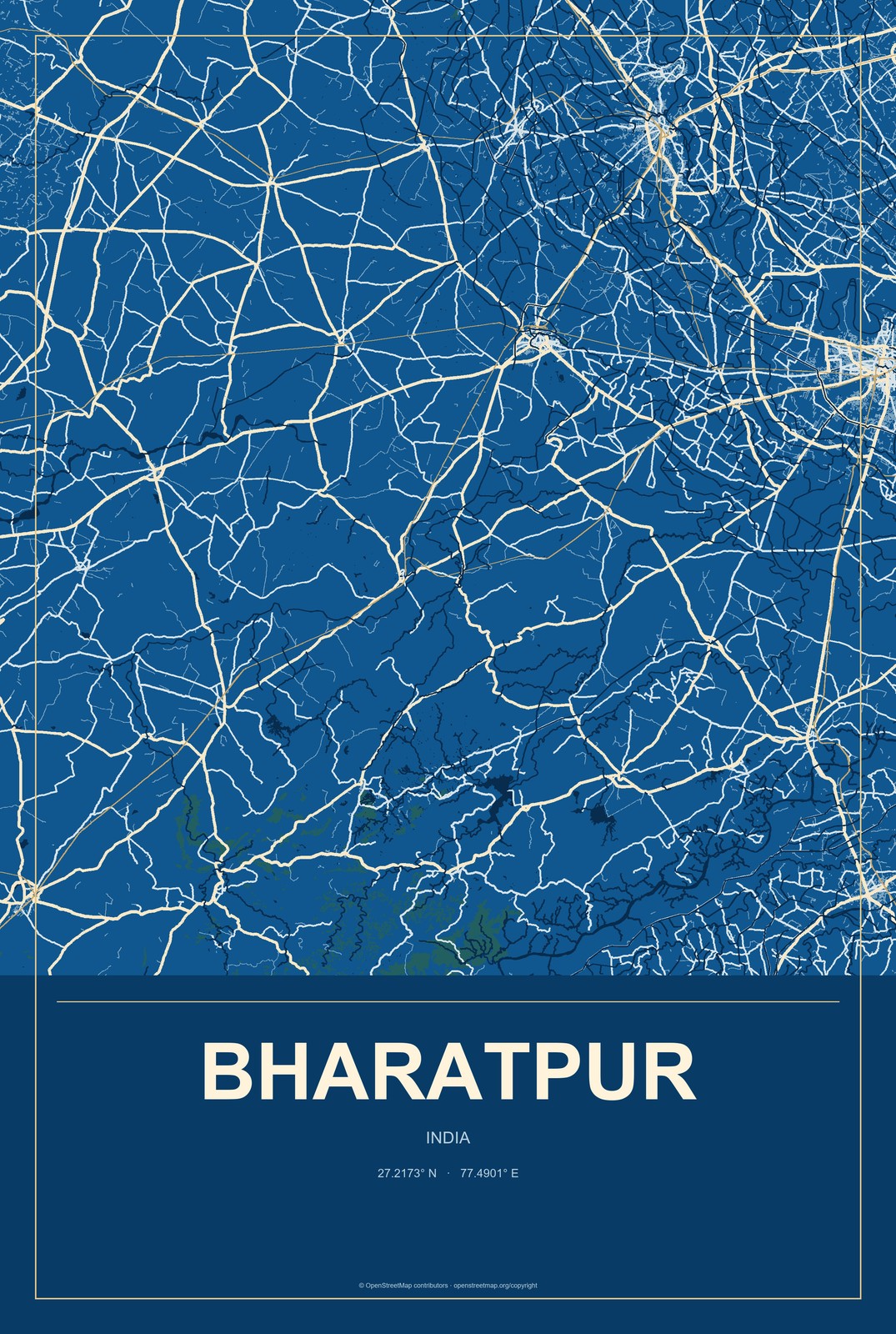 Bharatpur, India City Map Aluminum Sign in Harbor Cobalt style