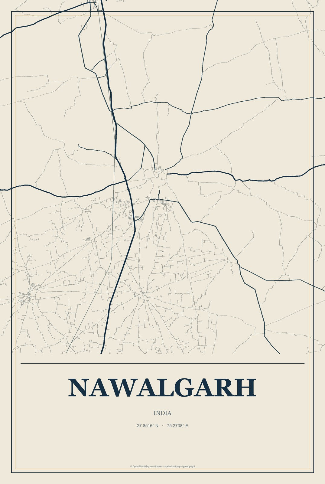 Nawalgarh, India City Map Aluminum Sign in Coastal Cutout style