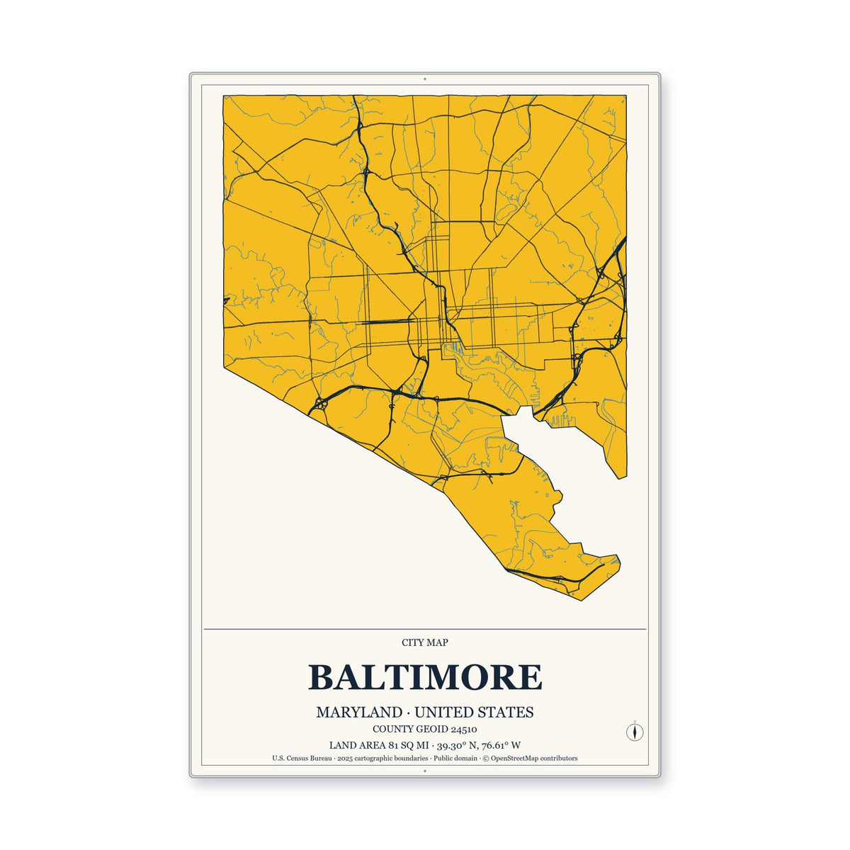Baltimore city, Maryland Map Aluminum Sign in Citrine Modern style