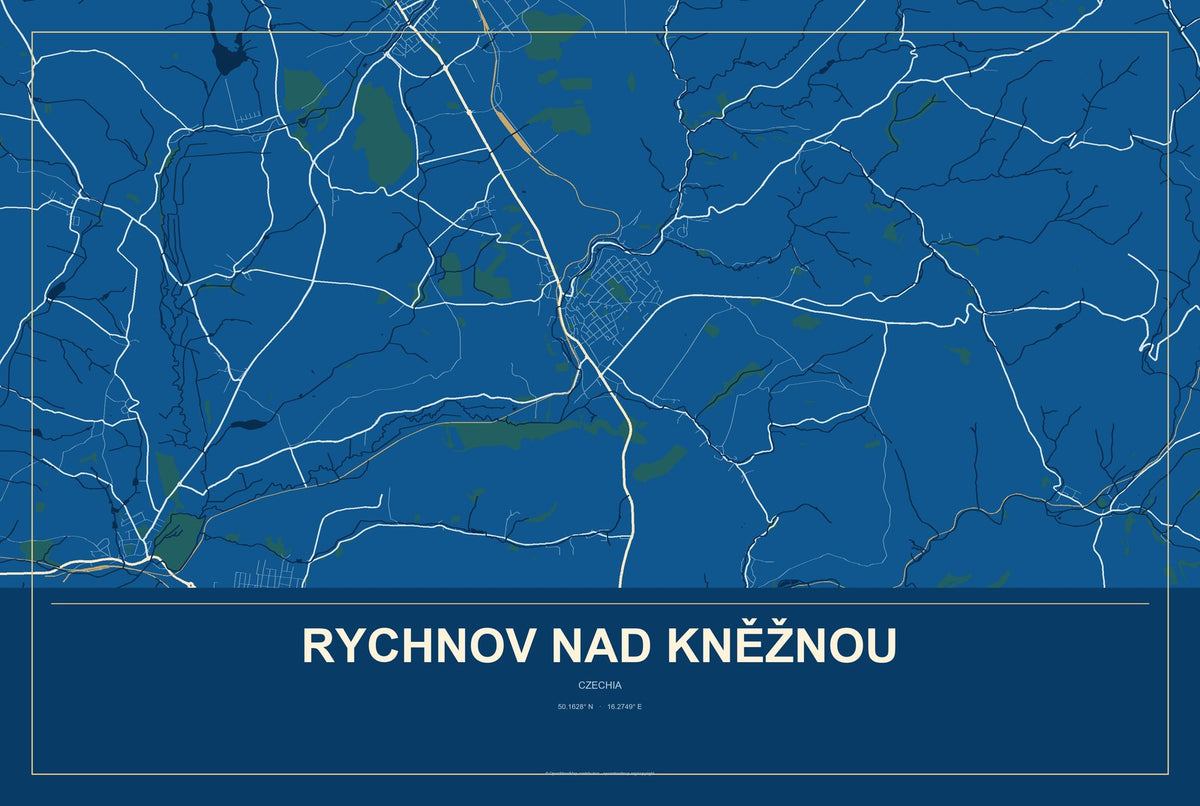 Rychnov nad Kněžnou, Czechia City Map Aluminum Sign in Harbor Cobalt style