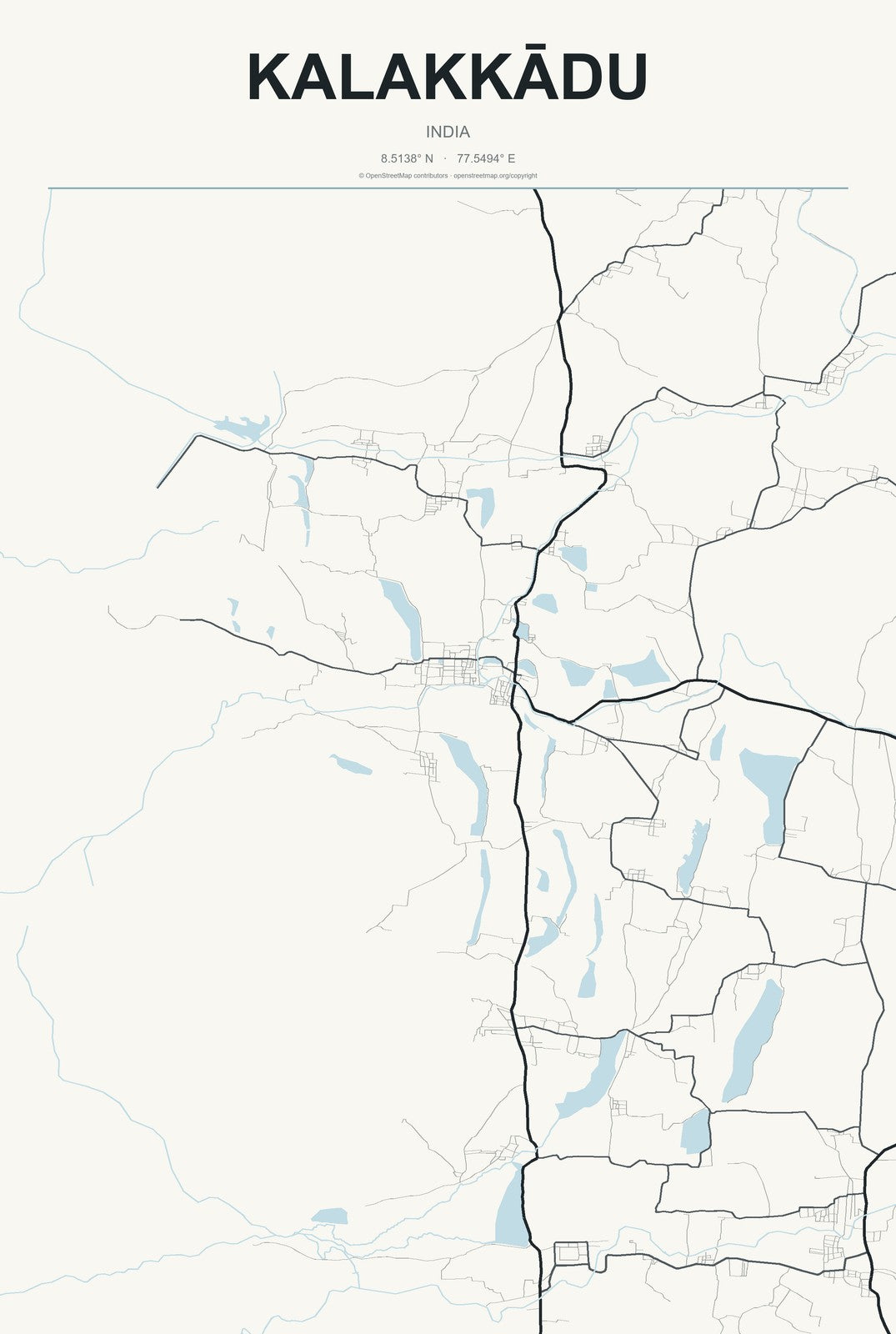 Kalakkādu, India City Map Aluminum Sign in Headline Atlas style