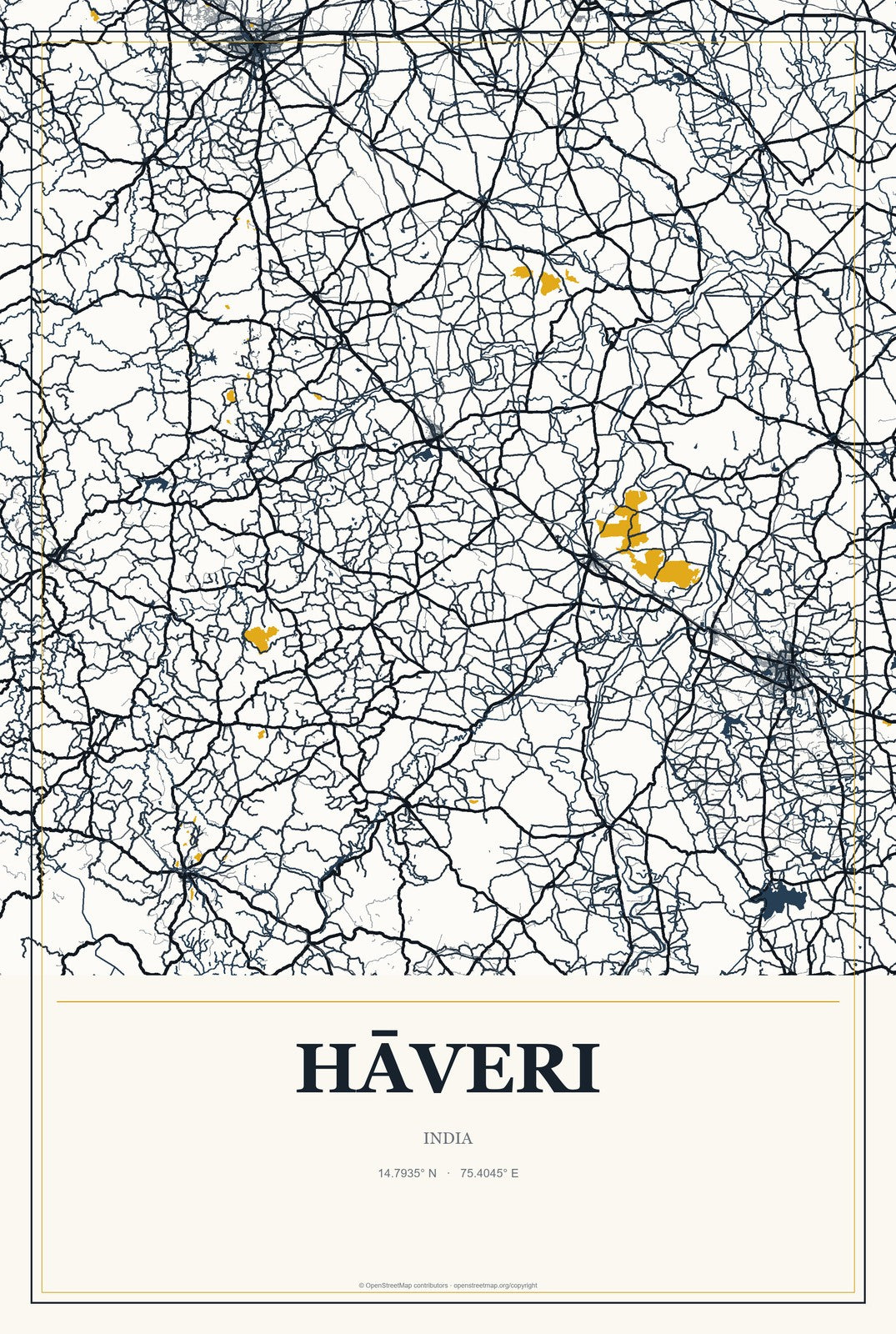Hāveri, India City Map Aluminum Sign in Citrine Modern style