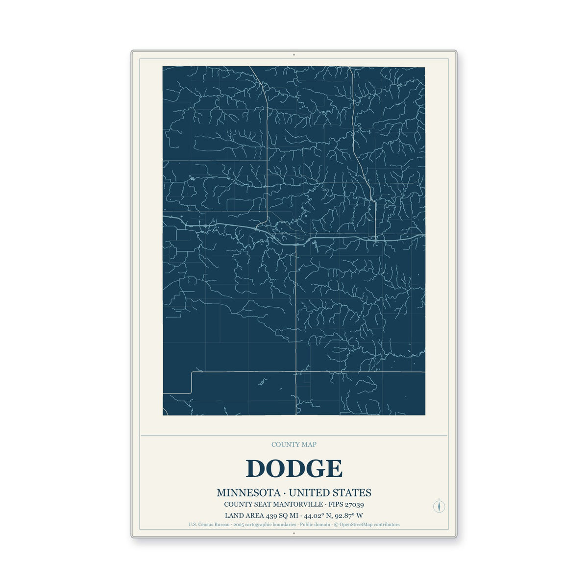 Dodge County, Minnesota Map Aluminum Sign in Coastal Cutout style